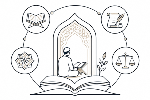 Illustration of scholars near a mosque